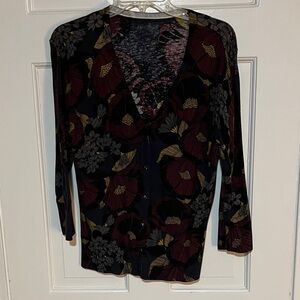 LOFT Black and Burgundy Floral Cardigan